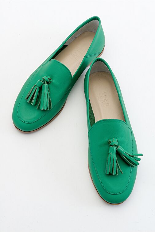 F04 Koyu Yeşil Cilt Hakiki Deri Püsküllü Kadın Loafer Ayakkabı - Görsel 7