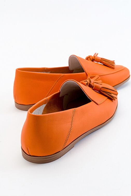 F04 Turuncu Cilt Hakiki Deri Püsküllü Kadın Loafer Ayakkabı - Görsel 4