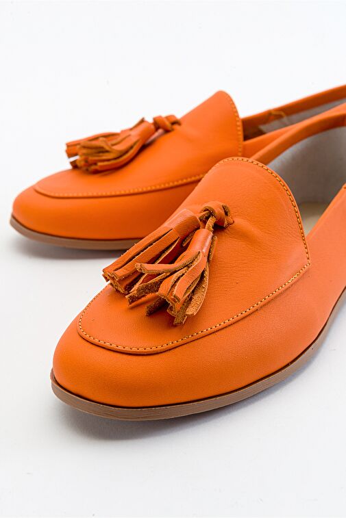 F04 Turuncu Cilt Hakiki Deri Püsküllü Kadın Loafer Ayakkabı - Görsel 5