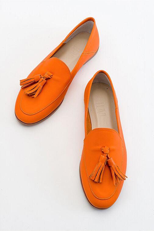 F04 Turuncu Cilt Hakiki Deri Püsküllü Kadın Loafer Ayakkabı - Görsel 6