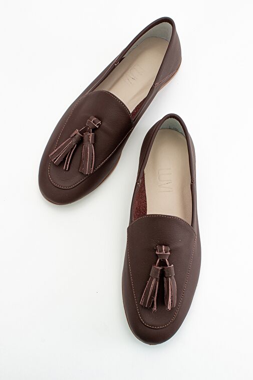 F04 Kahve Cilt Hakiki Deri Püsküllü Kadın Loafer Ayakkabı - Görsel 3