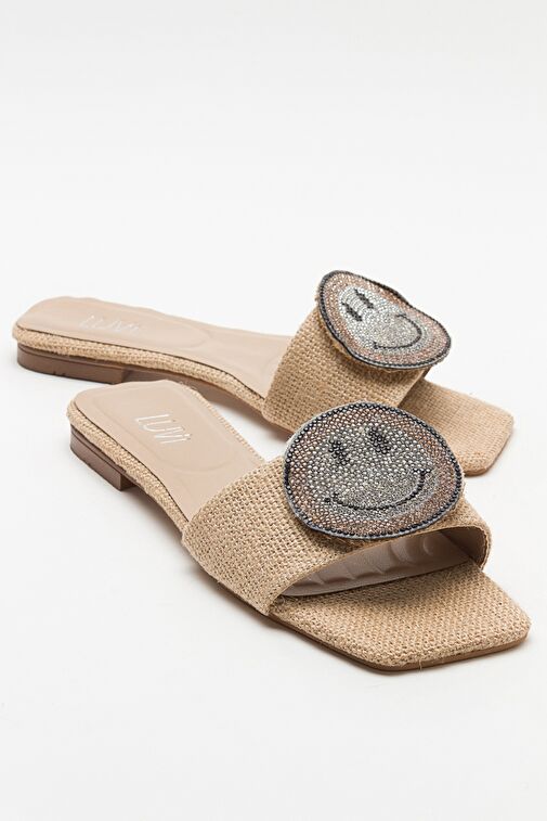 YAVN Bej Hasır Taşlı Kadın Terlik - Görsel 2