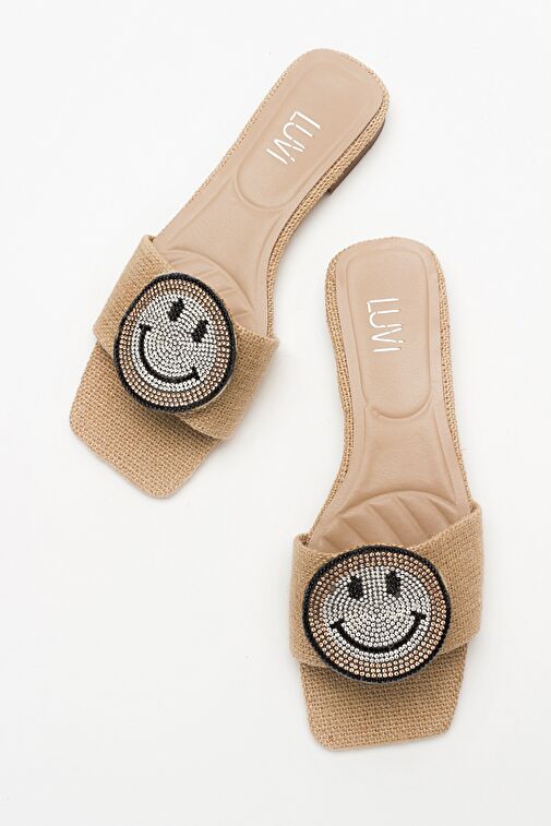 YAVN Bej Hasır Taşlı Kadın Terlik - Görsel 3
