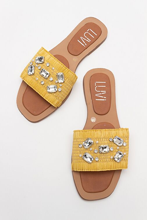 NORVE Sarı Hasır Taşlı Kadın Terlik - Görsel 3