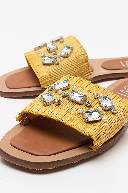 NORVE Sarı Hasır Taşlı Kadın Terlik - Görsel 5