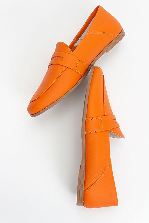 F05 Turuncu Cilt Hakiki Deri Kadın Loafer Ayakkabı - Görsel 3