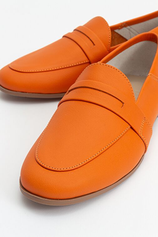 F05 Turuncu Cilt Hakiki Deri Kadın Loafer Ayakkabı - Görsel 4