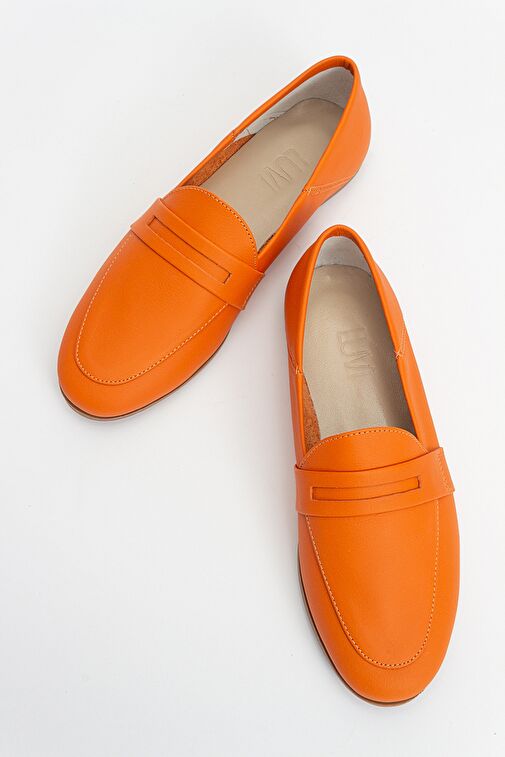F05 Turuncu Cilt Hakiki Deri Kadın Loafer Ayakkabı - Görsel 5