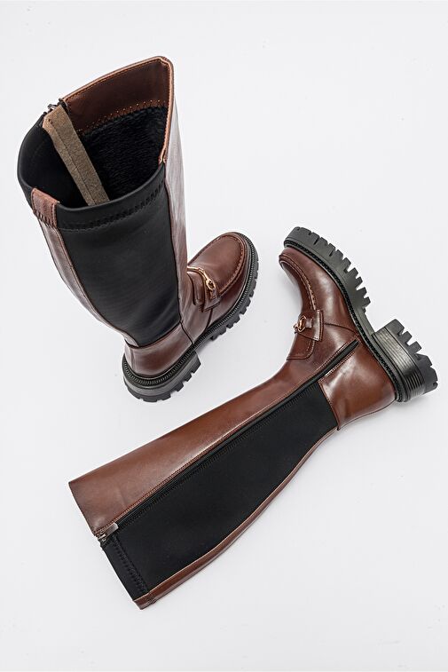 CHAPEL Taba Cilt Tokalı Streç Detaylı Kadın Çizme - Görsel 3