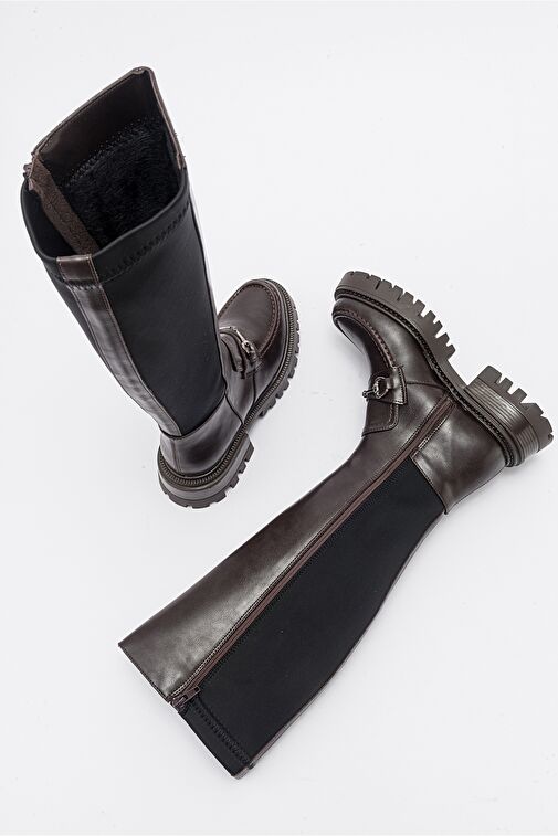 CHAPEL Kahve Cilt Tokalı Streç Detaylı Kadın Çizme - Görsel 3