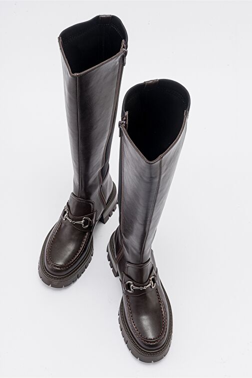 CHAPEL Kahve Cilt Tokalı Streç Detaylı Kadın Çizme - Görsel 4