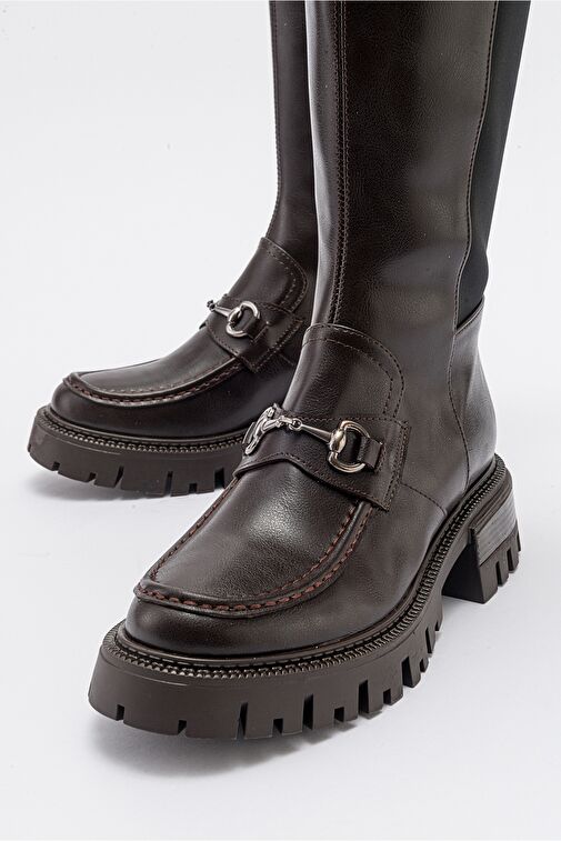 CHAPEL Kahve Cilt Tokalı Streç Detaylı Kadın Çizme - Görsel 5