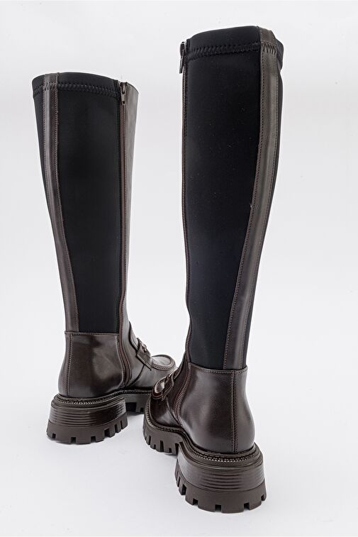 CHAPEL Kahve Cilt Tokalı Streç Detaylı Kadın Çizme - Görsel 6