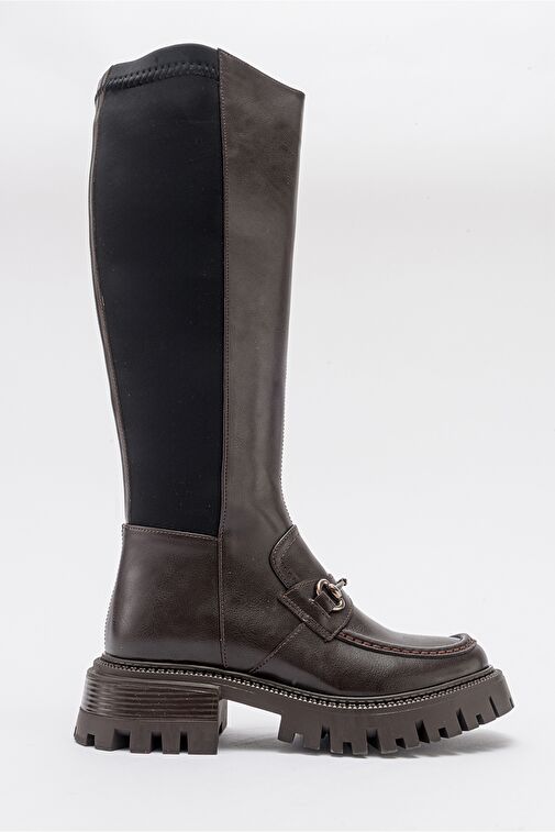 CHAPEL Kahve Cilt Tokalı Streç Detaylı Kadın Çizme - Görsel 7