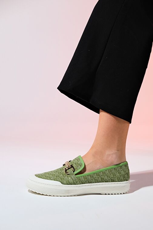 MARAKEŞ Yeşil Kot Tokalı Kadın Loafer Ayakkabı - Görsel 6