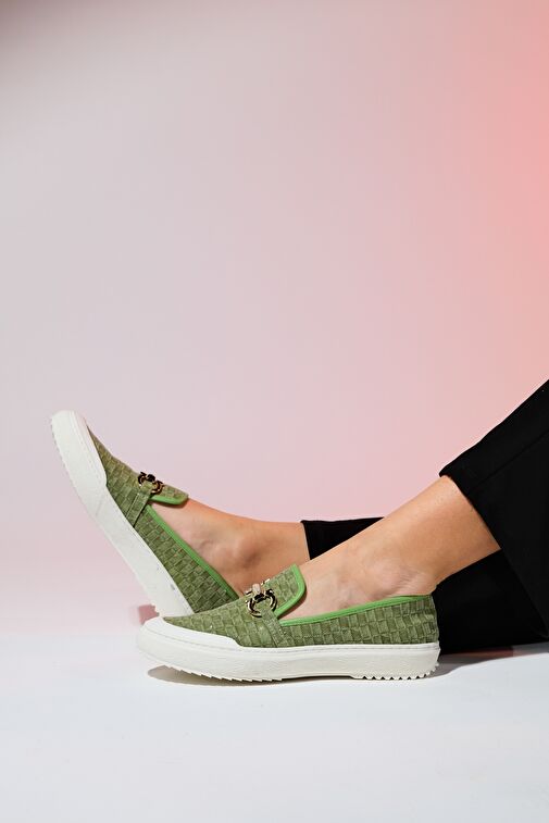 MARAKEŞ Yeşil Kot Tokalı Kadın Loafer Ayakkabı - Görsel 5