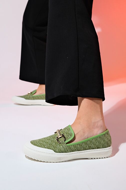 MARAKEŞ Yeşil Kot Tokalı Kadın Loafer Ayakkabı - Görsel 3