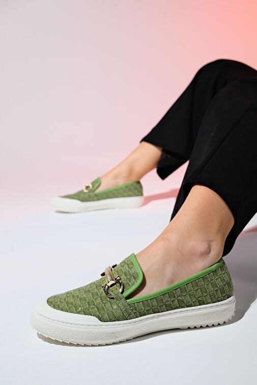 MARAKEŞ Yeşil Kot Tokalı Kadın Loafer Ayakkabı - Görsel 4