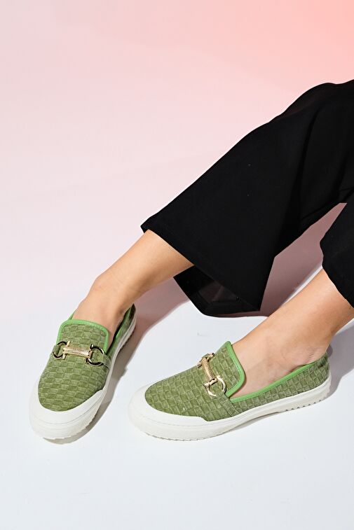 MARAKEŞ Yeşil Kot Tokalı Kadın Loafer Ayakkabı - Görsel 7