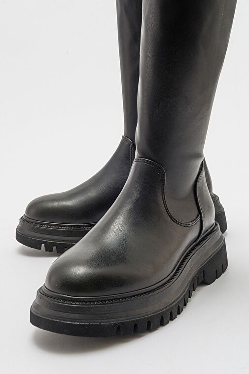 HENİN Siyah Streç Diz Altı Kadın Düz Çizme - Görsel 3