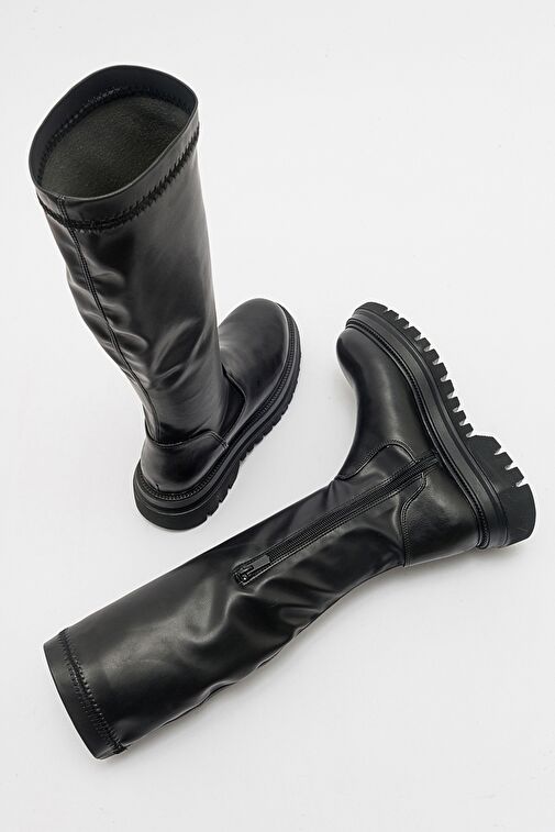 HENİN Siyah Streç Diz Altı Kadın Düz Çizme - Görsel 7