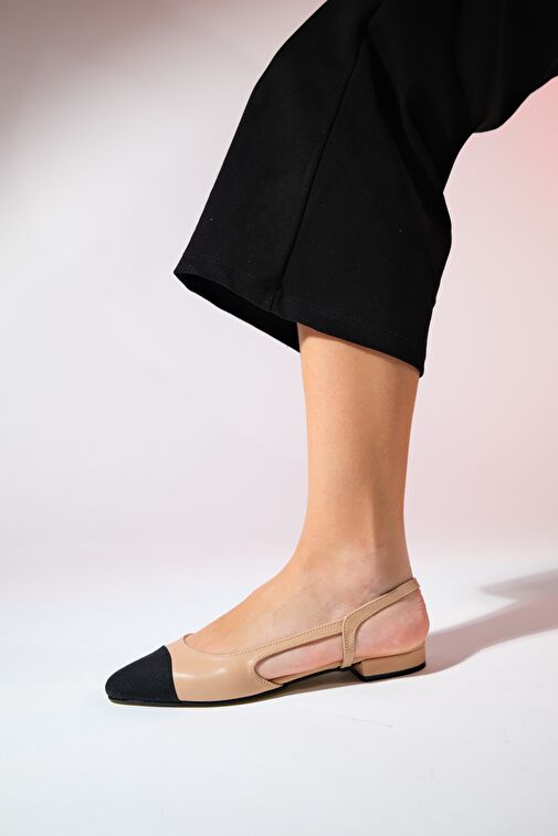 LUJO Bej Cilt Kadın Arkası Açık Düz Babet Ayakkabı - Görsel 5