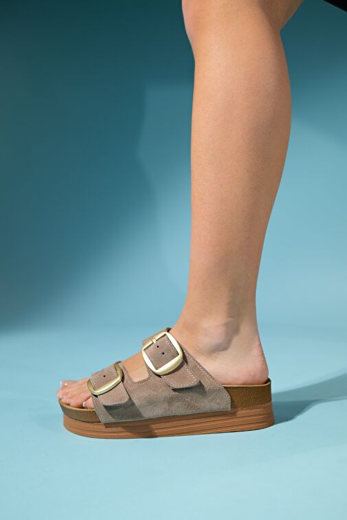 HARBOR Kum Süet Çift Bantlı Hakiki Deri Kadın Kalın Tabanlı Terlik - Görsel 2