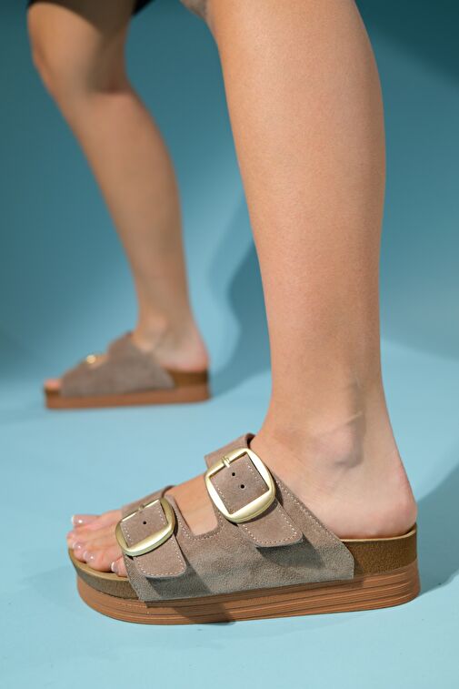 HARBOR Kum Süet Çift Bantlı Hakiki Deri Kadın Kalın Tabanlı Terlik - Görsel 6