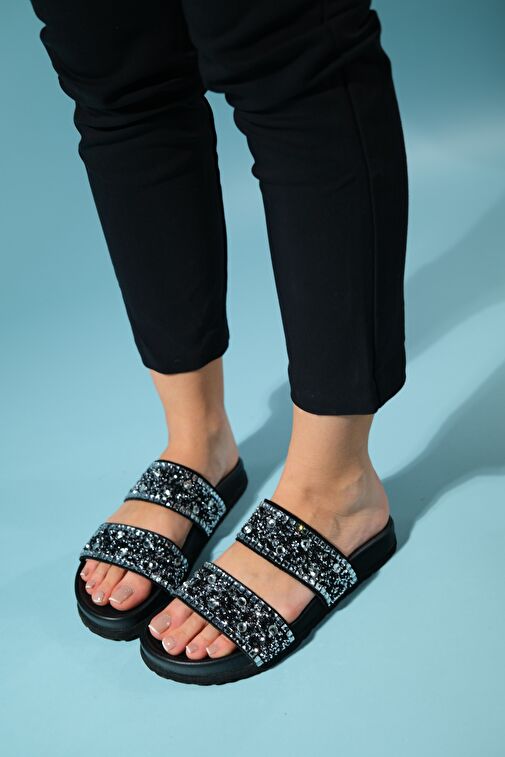 JAMES Siyah Taşlı Çift Bantlı Hakiki Deri Kadın Terlik - Görsel 2