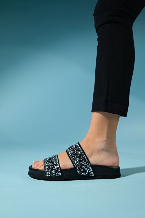JAMES Siyah Taşlı Çift Bantlı Hakiki Deri Kadın Terlik - Görsel 6