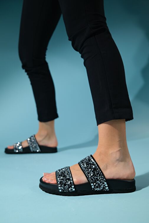 JAMES Siyah Taşlı Çift Bantlı Hakiki Deri Kadın Terlik - Görsel 7