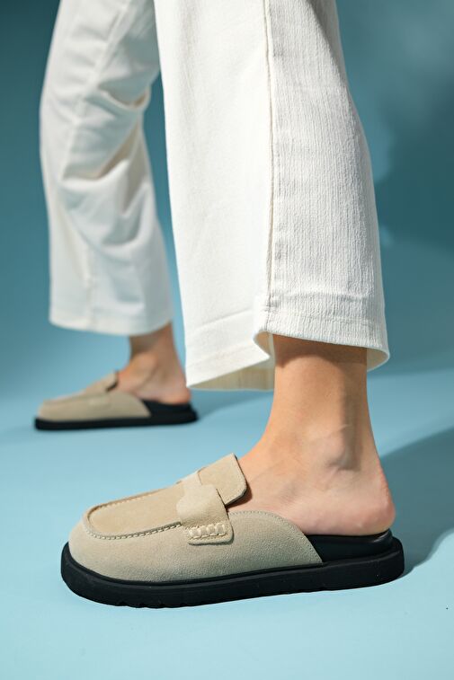 LAVEN Bej Süet Hakiki Deri Kadın Terlik - Görsel 4