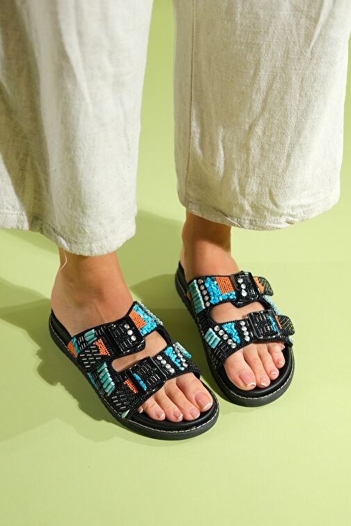 LANSO Siyah Taşlı Çift Bantlı Kadın Terlik - Görsel 2