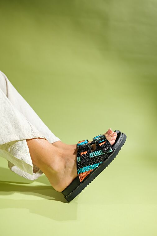 LANSO Siyah Taşlı Çift Bantlı Kadın Terlik - Görsel 5