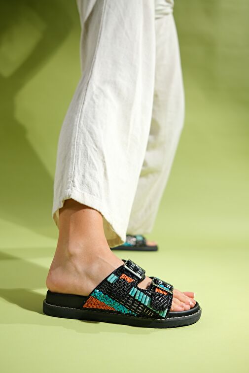 LANSO Siyah Taşlı Çift Bantlı Kadın Terlik - Görsel 7