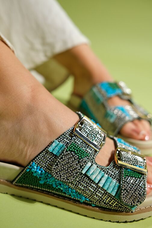 Luvi Shoes Bej-Turkuaz Kadın Terlik 74-100 - Görsel 4