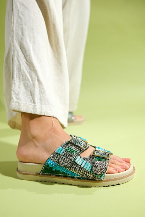 Luvi Shoes Bej-Turkuaz Kadın Terlik 74-100 - Görsel 5