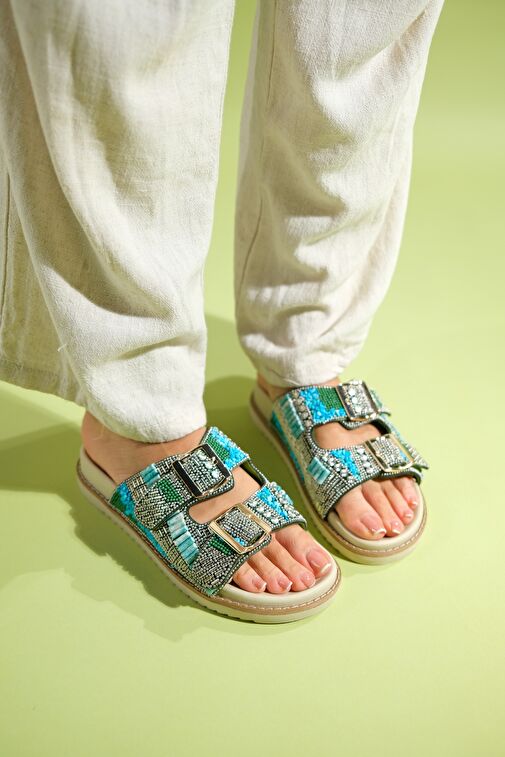 Luvi Shoes Bej-Turkuaz Kadın Terlik 74-100 - Görsel 2