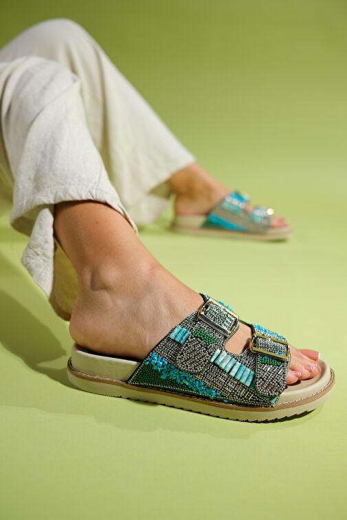 Luvi Shoes Bej-Turkuaz Kadın Terlik 74-100 - Görsel 7