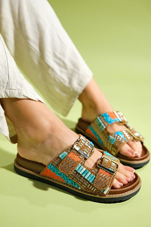 LANSO Taba Taşlı Çift Bantlı Kadın Terlik - Görsel 3