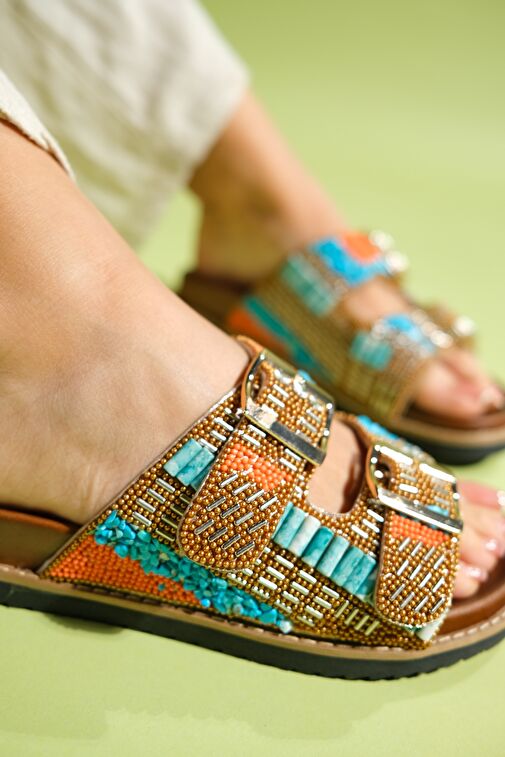 LANSO Taba Taşlı Çift Bantlı Kadın Terlik - Görsel 4