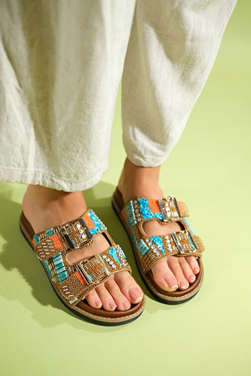 LANSO Taba Taşlı Çift Bantlı Kadın Terlik - Görsel 2