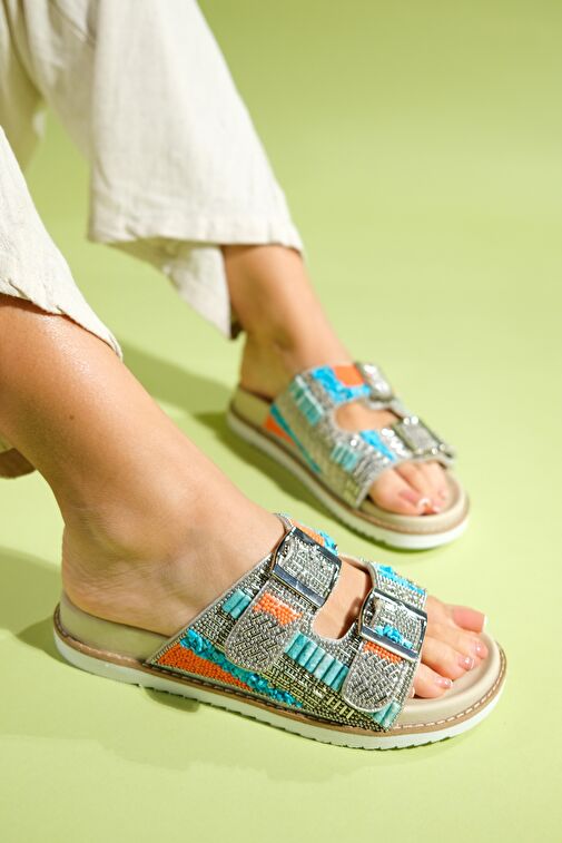 LANSO Bej Taşlı Çift Bantlı Kadın Terlik - Görsel 6