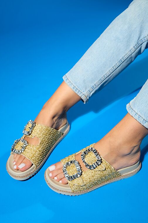 DUNGEON Bej Hasır Çift Bantlı Taş Tokalı Kadın Terlik - Görsel 2