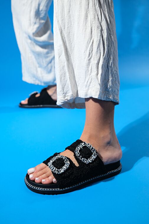 DUNGEON Siyah Örme Çift Bantlı Taş Tokalı Kadın Terlik - Görsel 2