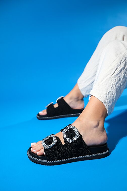 DUNGEON Siyah Örme Çift Bantlı Taş Tokalı Kadın Terlik - Görsel 4