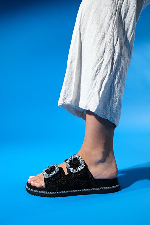 DUNGEON Siyah Örme Çift Bantlı Taş Tokalı Kadın Terlik - Görsel 7