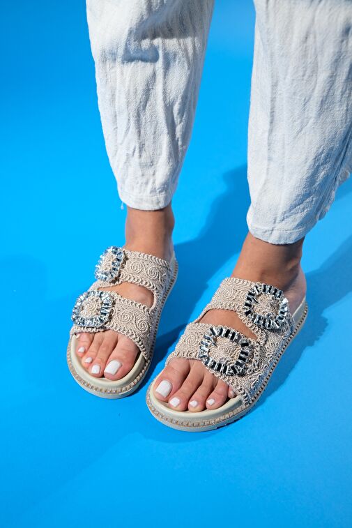 Luvi Shoes Bej Kadın Hasır Platform Topuklu Terlik 74-110 - Görsel 5