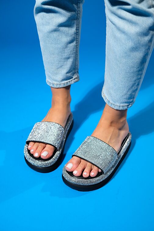 Luvi Shoes Siyah-Gümüş Kadın Taşlı Terlik 137-574 - Görsel 7