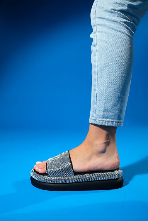 Luvi Shoes Siyah-Gümüş Kadın Taşlı Terlik 137-574 - Görsel 5
